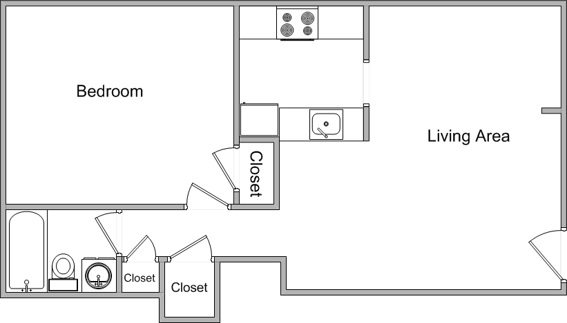 Floor plan for 1 bed, 1 bath, 665 sqft